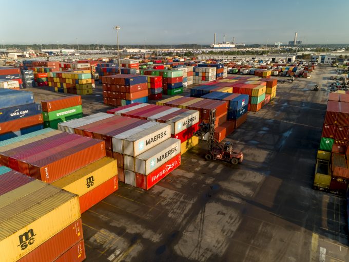 A stack of shipping containers at JAXPORT